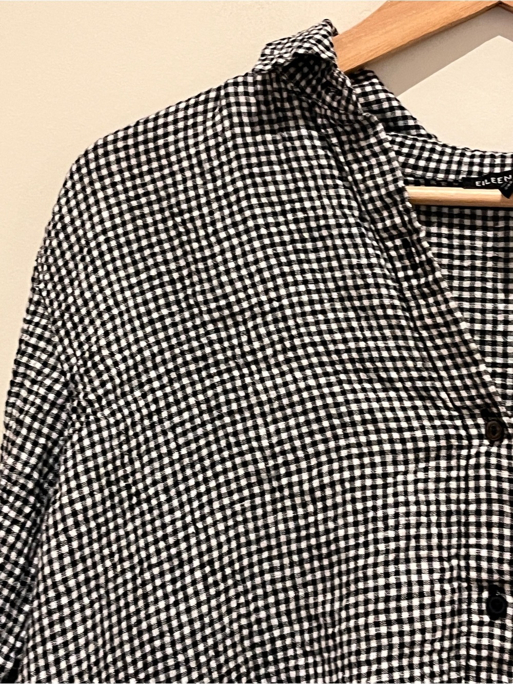 Eileen Fisher Puckered Organic Linen Gingham Black White Classic Collar Shirt L - Picture 5 of 11